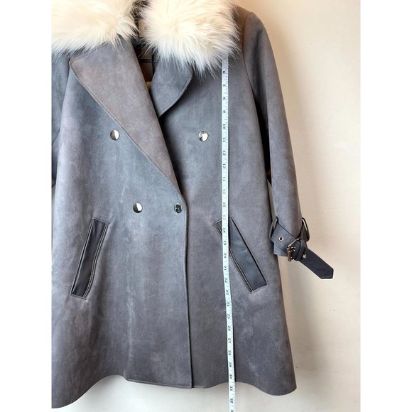 River Island Womens Suedette Coat Faux Fur Collar Double Breasted Gray Size 10 - Picture 7 of 11